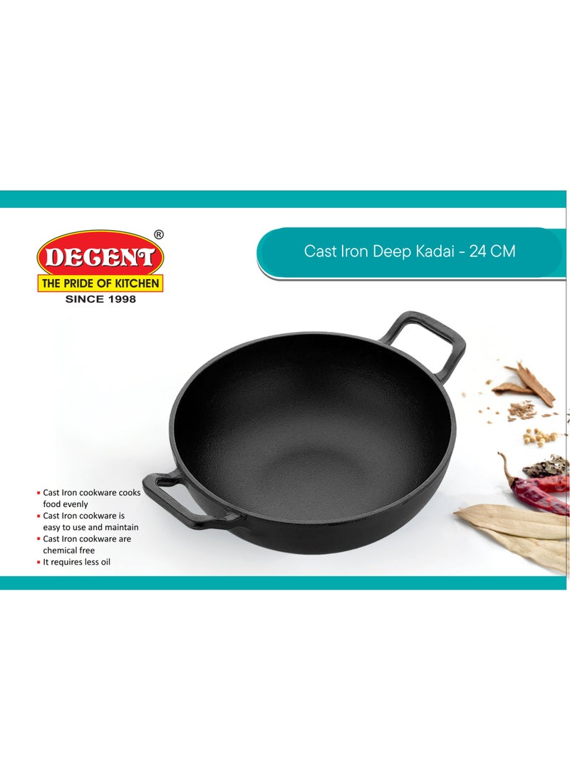 ديسينت مقلاة عميقة من الحديد الزهر للقلي والطهي - مقلاة ووك حديدية شديدة التحمل، مقلاة صغيرة متبلة مسبقًا، مقلاة قلي، أواني طهي من الحديد الزهر للغاز والحث | (24 سم) - Image 5